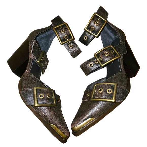 Free People JEFFREY CAMPBELL Hendrix Heels Brown Crackle Leather Size 8 - Picture 3 of 6